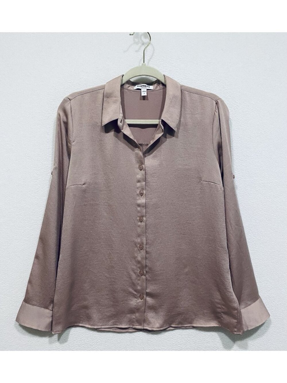 Express Top Womens Medium Blush Pink Button Up Textured Silky Satin Work Career
